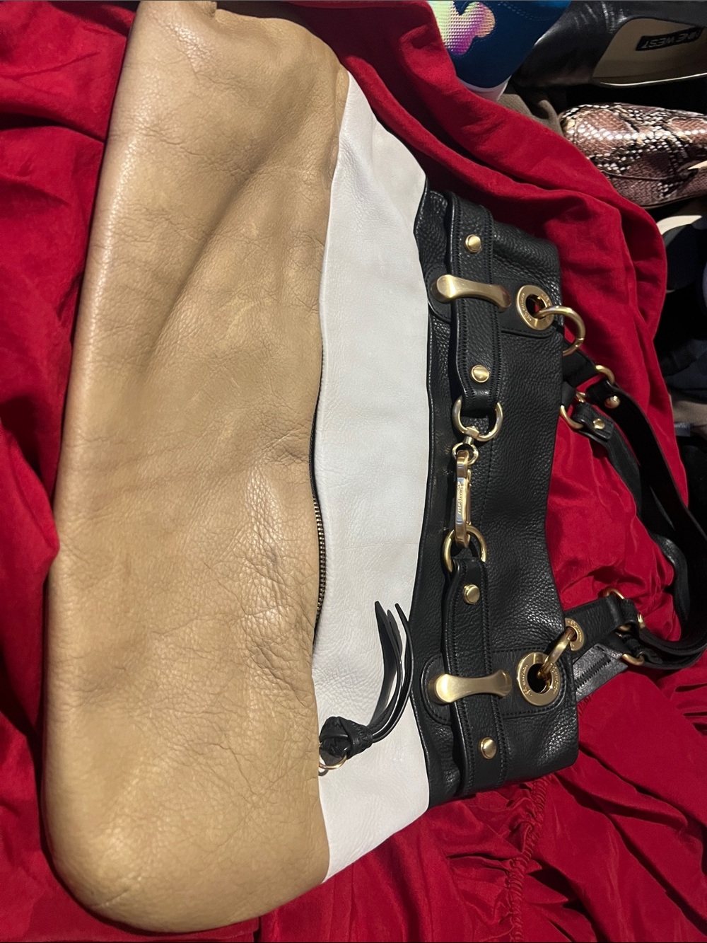 b. makowsky Tri-Color Leather Shoulder Bag in Tan, White & Black